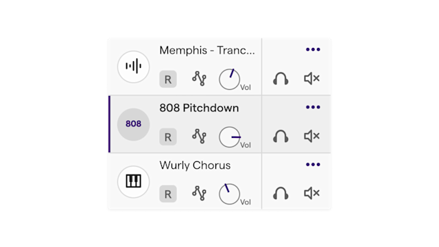 Soundtrap's volume mixer shown on three song tracks