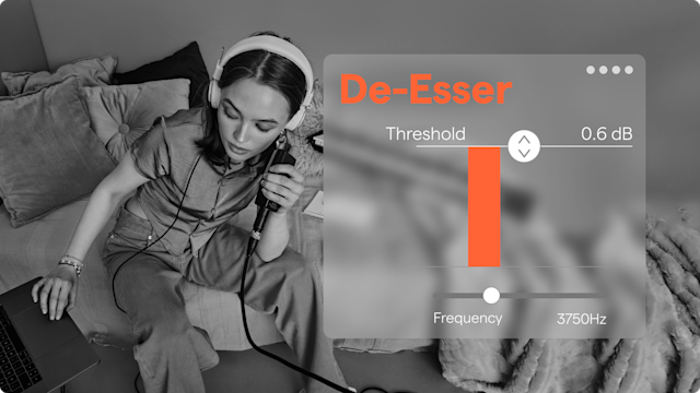 A woman singing into a mic with the Soundtrap de-esser interface effect in the foreground