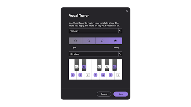 Soundtrap's Vocal Tuner plugin in dark mode
