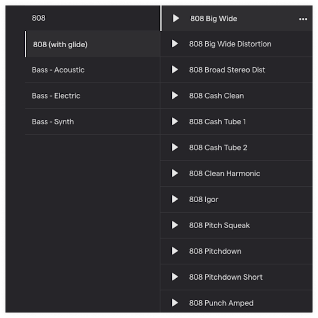Biblioteka presetów prezentująca ustawienia automatu 808 z płynnym przejściem