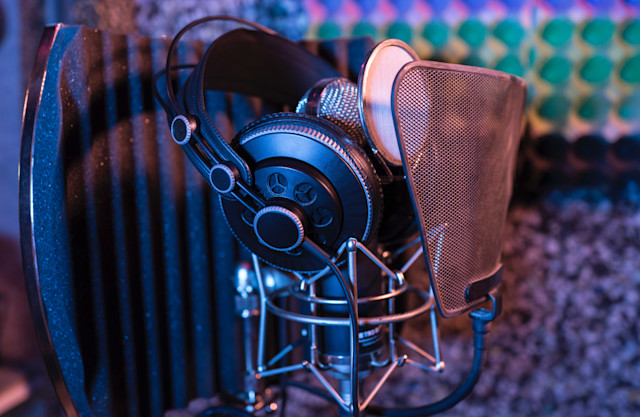 Studio mic with headphones and pop filters