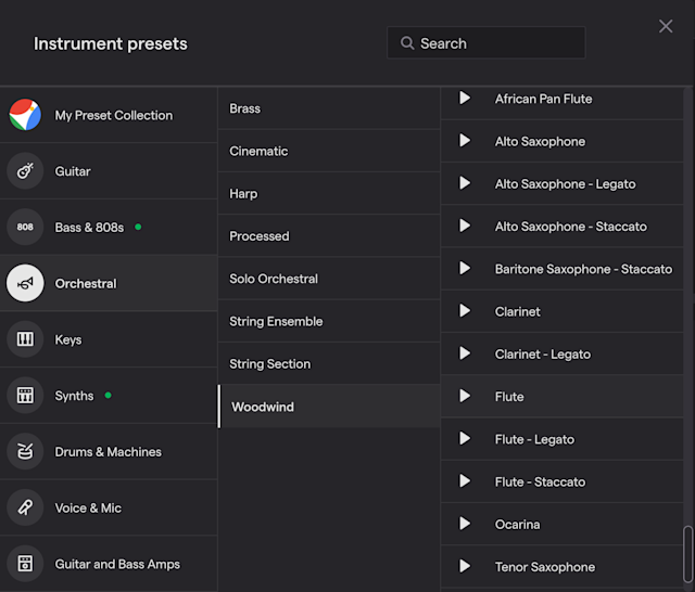 Woodwind instrument presets in Soundtrap