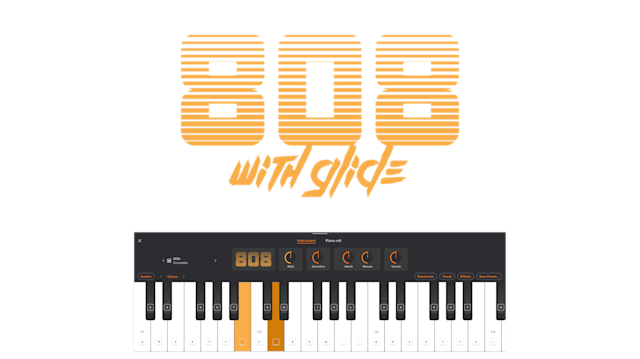 Obraz przedstawiający 808 z płynnym przejściem, instrumenty i klawisze.