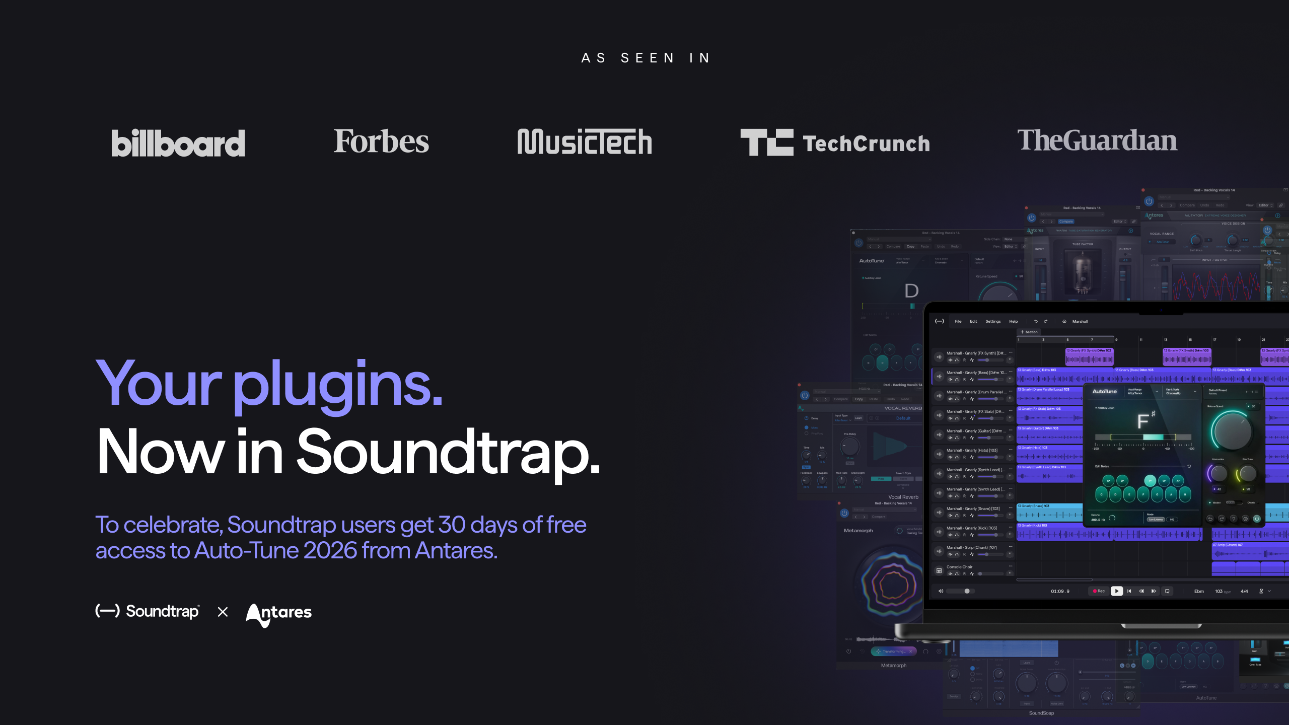 Your plugins, now in Soundtrap: 30 days of free Auto-Tune 2026 from Antares. Explore what's new.