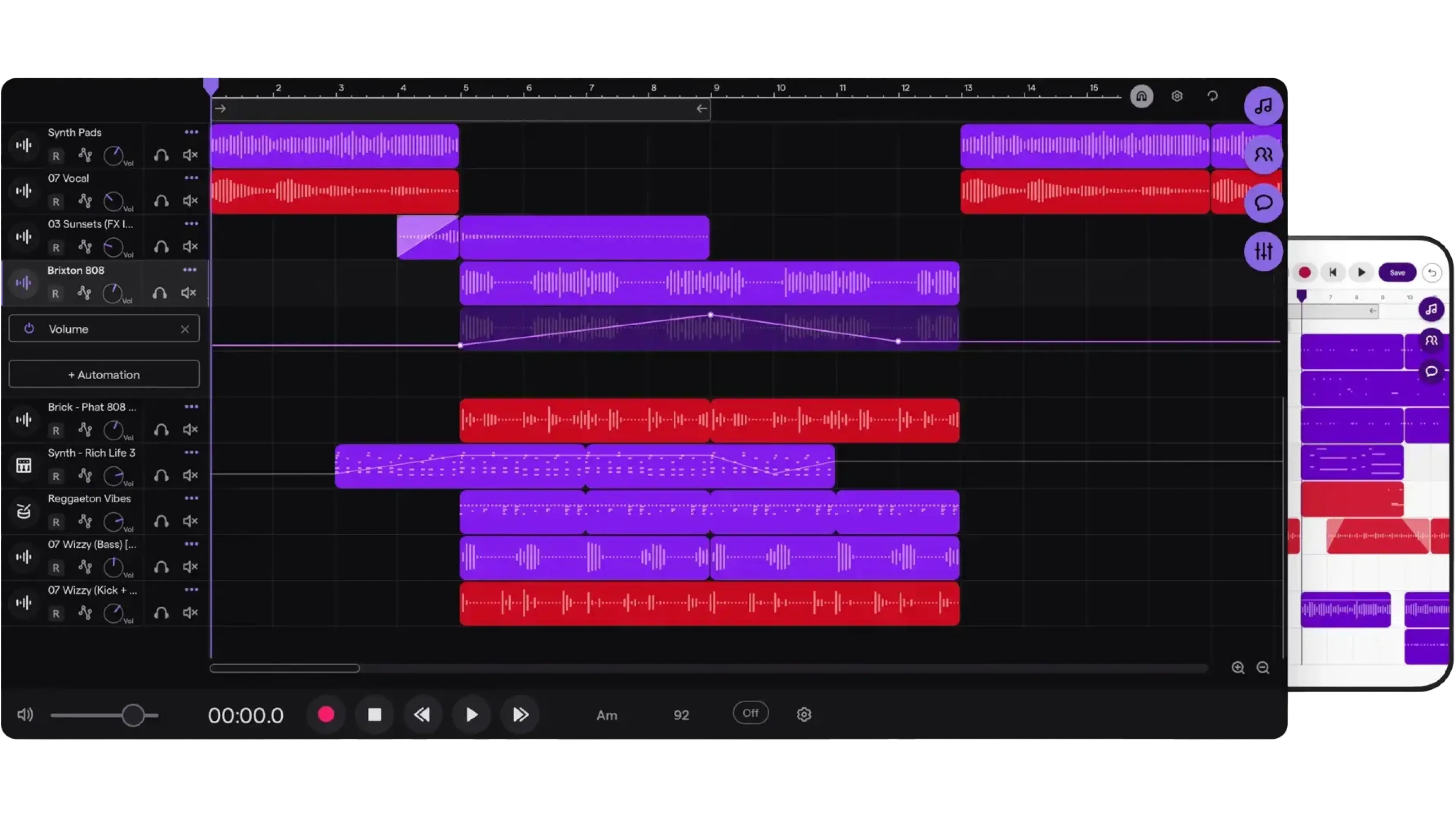 Uma captura de tela do estúdio do Soundtrap no computador e em dispositivos móveis