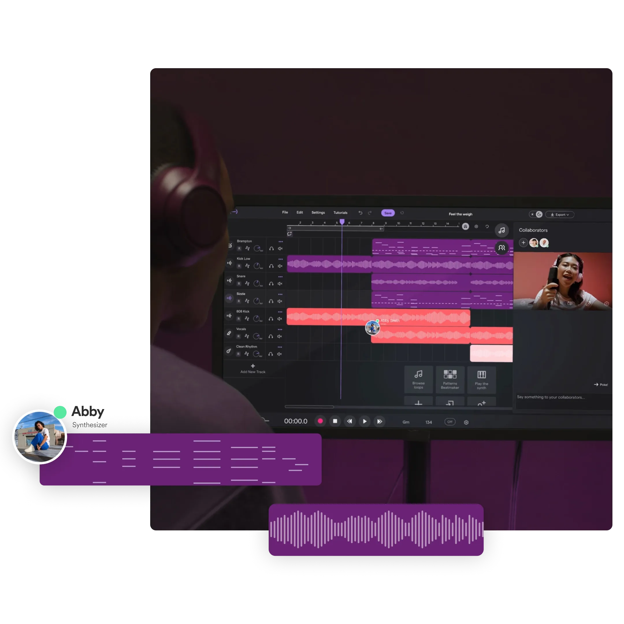 Ein Bild zeigt eine Person vor einem Monitor, auf dem das Soundtrap Studio zu sehen ist. Die Person arbeitet per Videochat mit einer anderen Person zusammen.