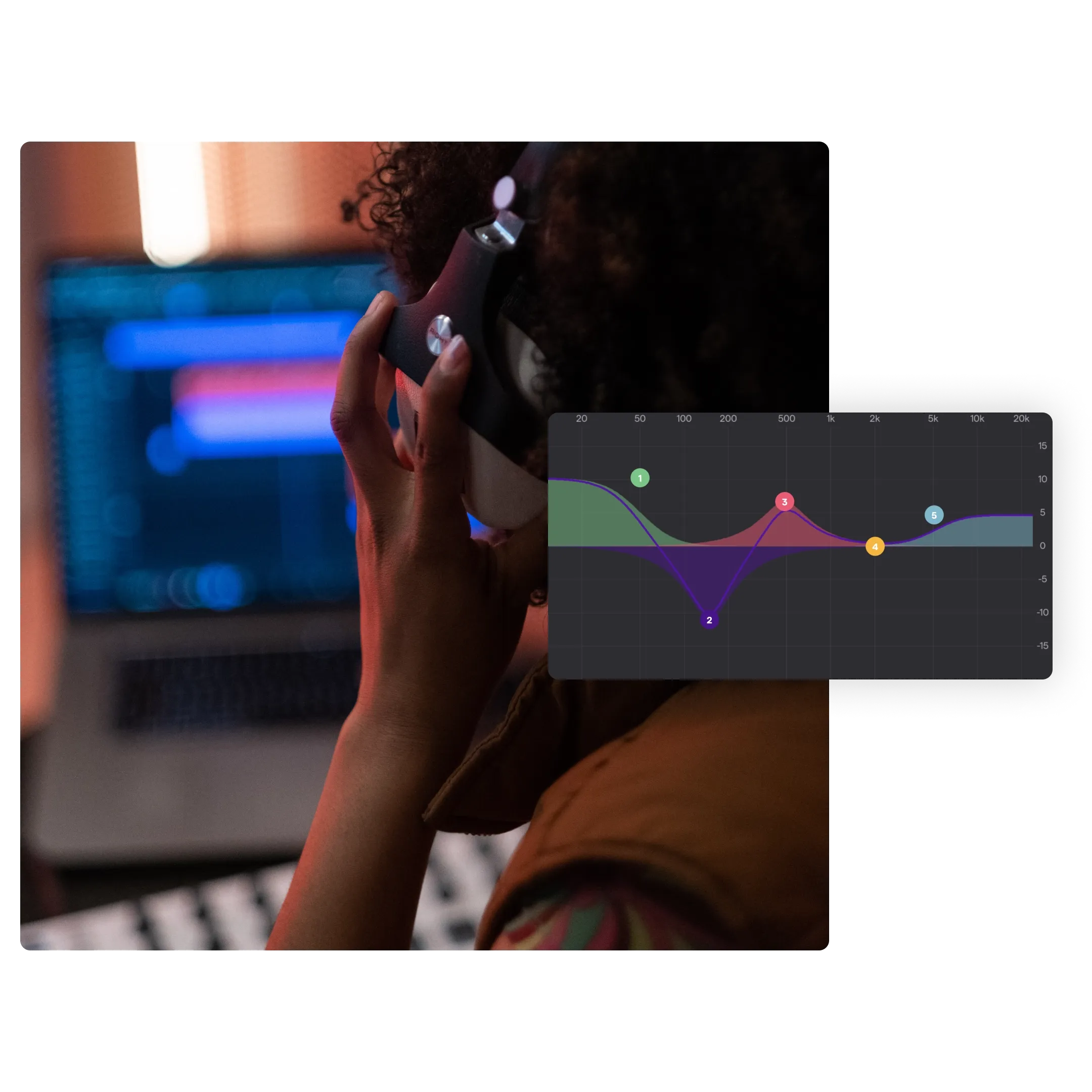 Two small square shaped pictures with one show a person sitting in front of a small home studio setup and the other one show another person play a midi keyboard connecting to a laptop