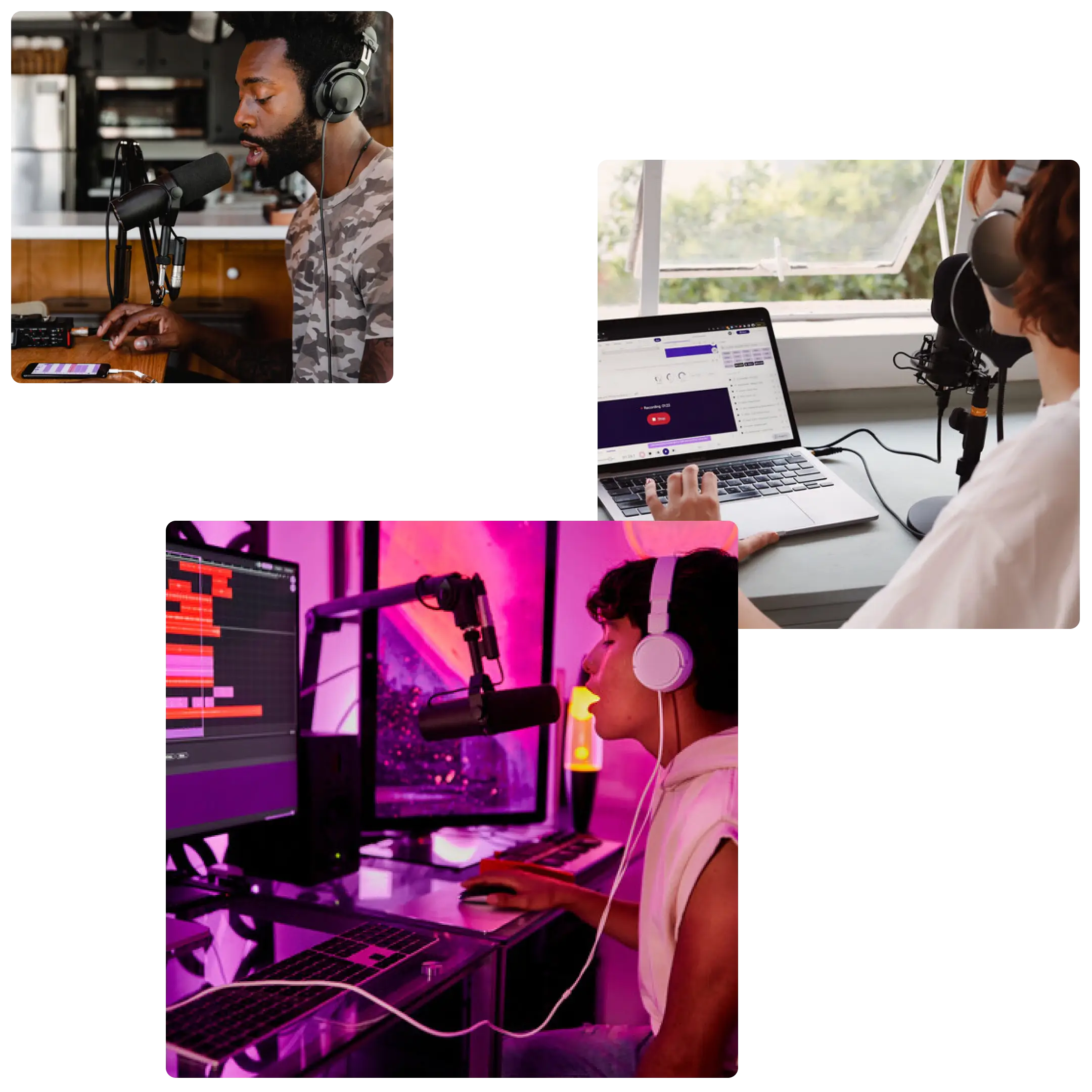 Three different images, each showing someone singing or speaking into a microphone with headphones on. In two of the images, the person is looking at the Soundtrap Studio.