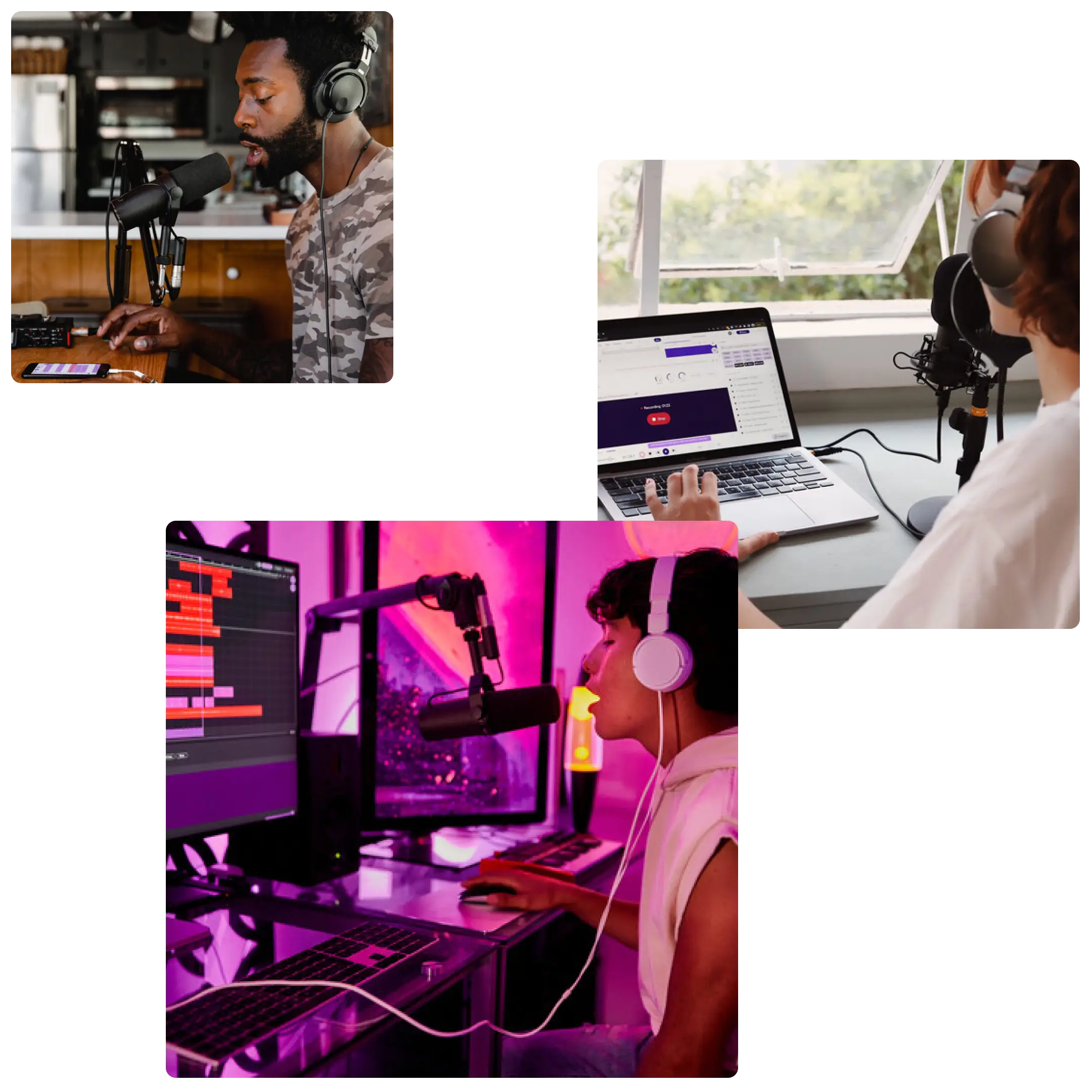 Três imagens diferentes mostram pessoas com auscultadores a cantar ou a falar para um microfone. Em duas das imagens, a pessoa está a olhar para o Soundtrap Studio.