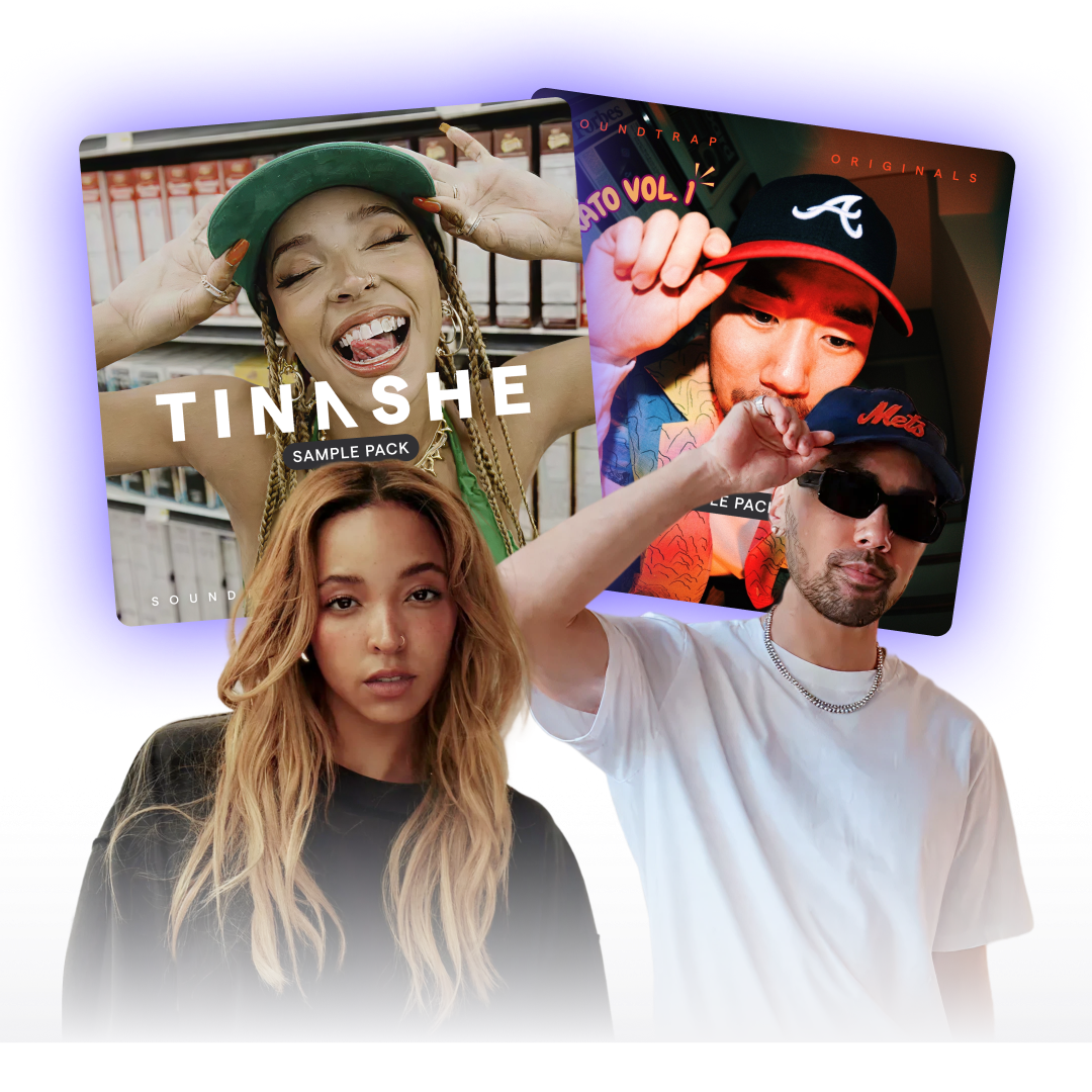 Two small square shaped pictures with one show a person sitting in front of a small home studio setup and the other one show another person play a midi keyboard connecting to a laptop