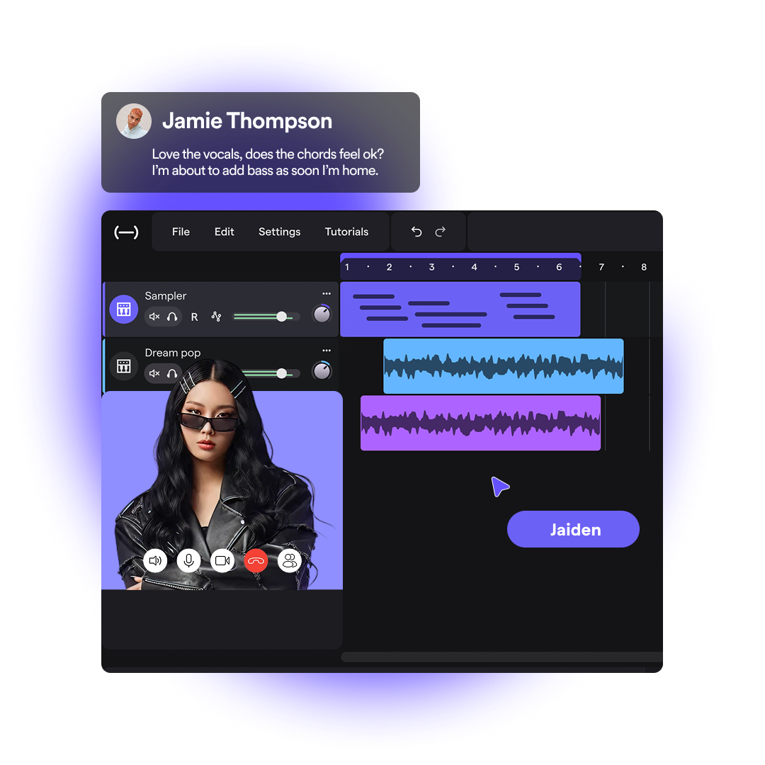 A picture show a person sitting in front of a monitor showing the soundtrap studio, this person is collaborating with another person using the video chat collaboration feature