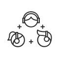 Das Symbol zeigt drei einander zugewandte Personen mit Kopfhörern.
