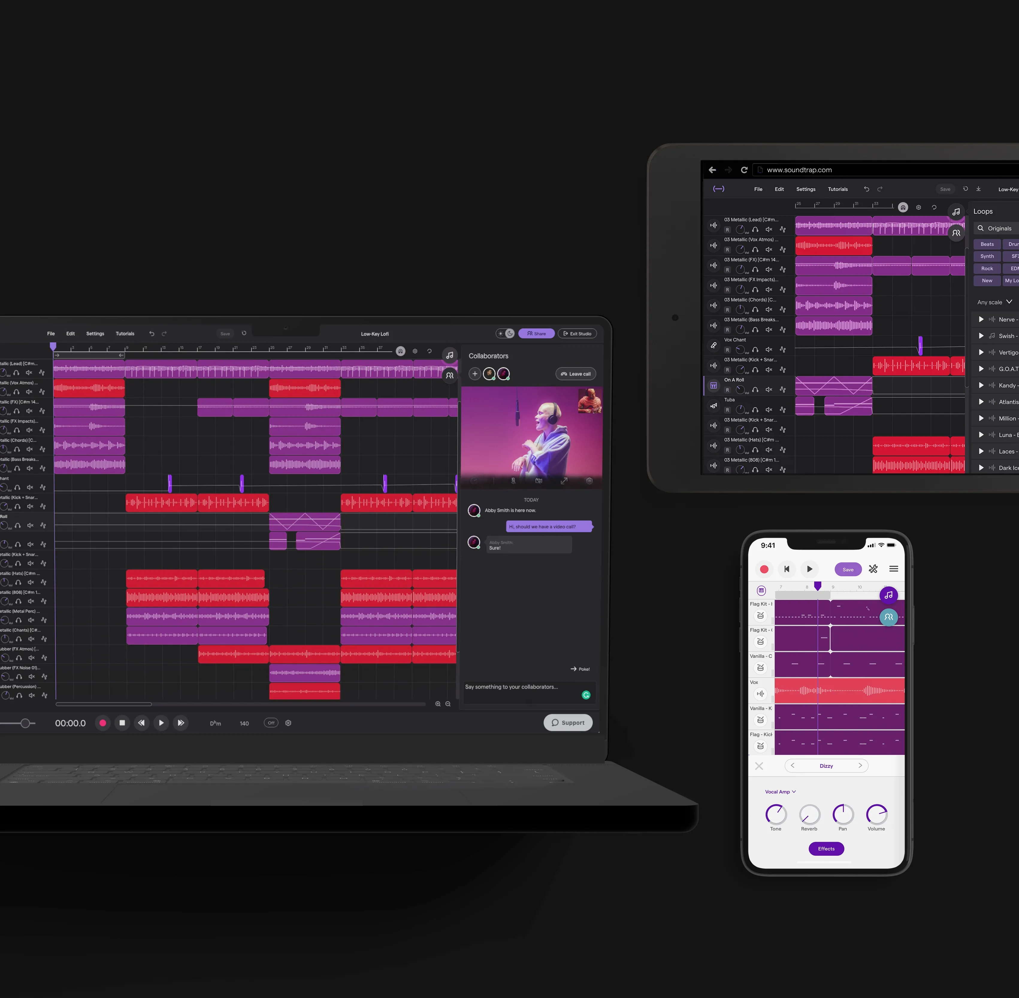 Three devices are shown displaying Soundtrap Studio: a laptop, a mobile device, and an iPad/tablet. The studio is shown in dark mode on the laptop and iPad/tablet, and it is shown in light mode on the mobile. This is a graphic image. It has a black background behind the three devices.