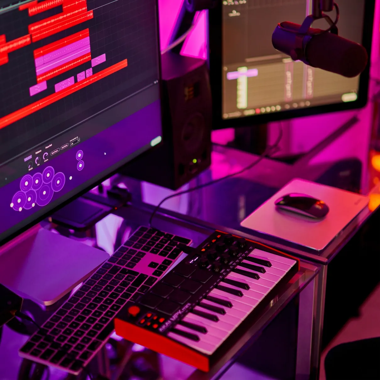 A closeup image of someone's home studio space. The computer keyboard, MIDI controller, computer mouse, and part of the computer screen are on a glass desk and in focus. The Soundtrap Studio is displayed in dark mode on the computer. The drum kit instrument is open in the studio.