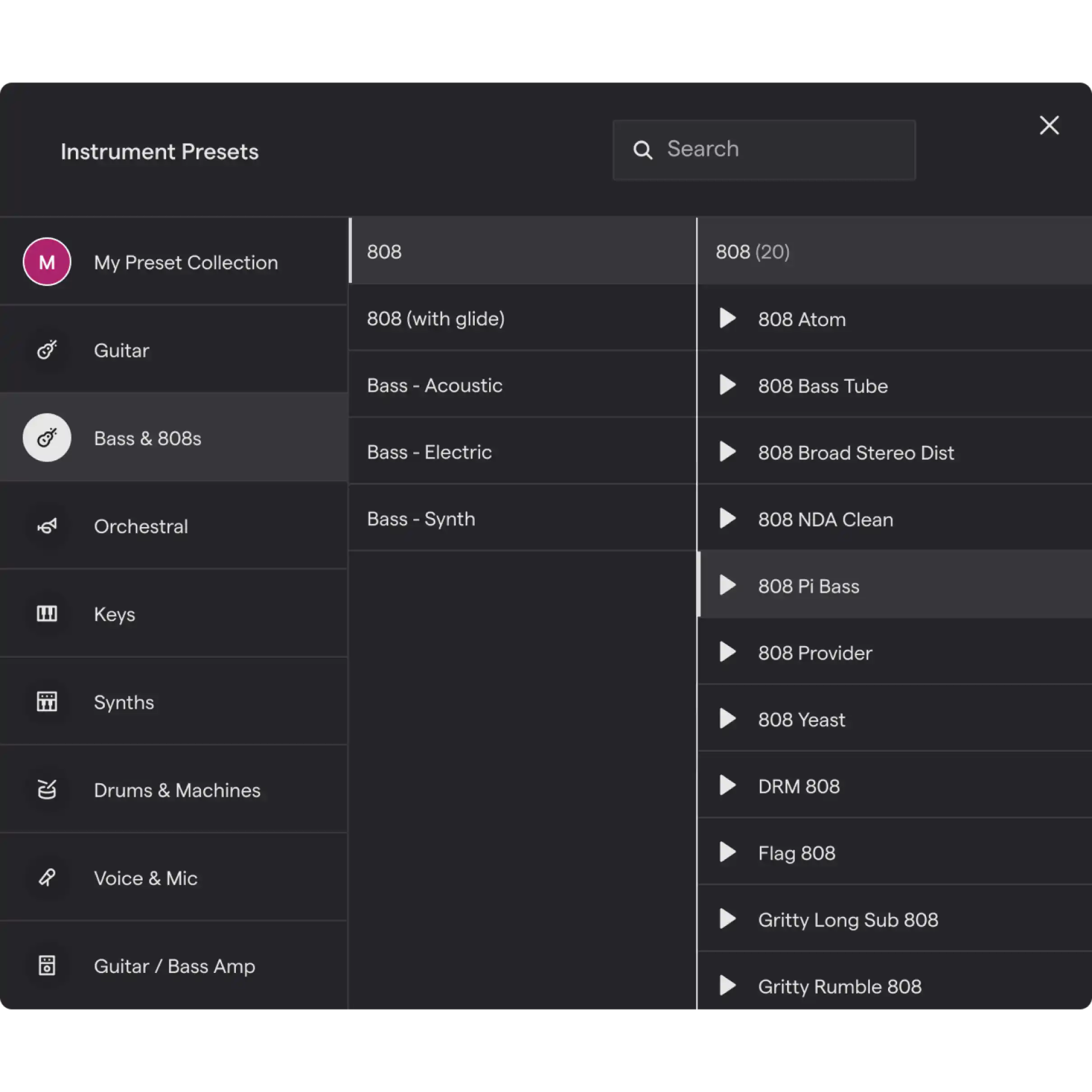 A interface de usuário de instrumentos do Soundtrap mostrando instrumentos como guitarra, baixo, batidas 808, sintetizadores, percussão, máquinas e muito mais.