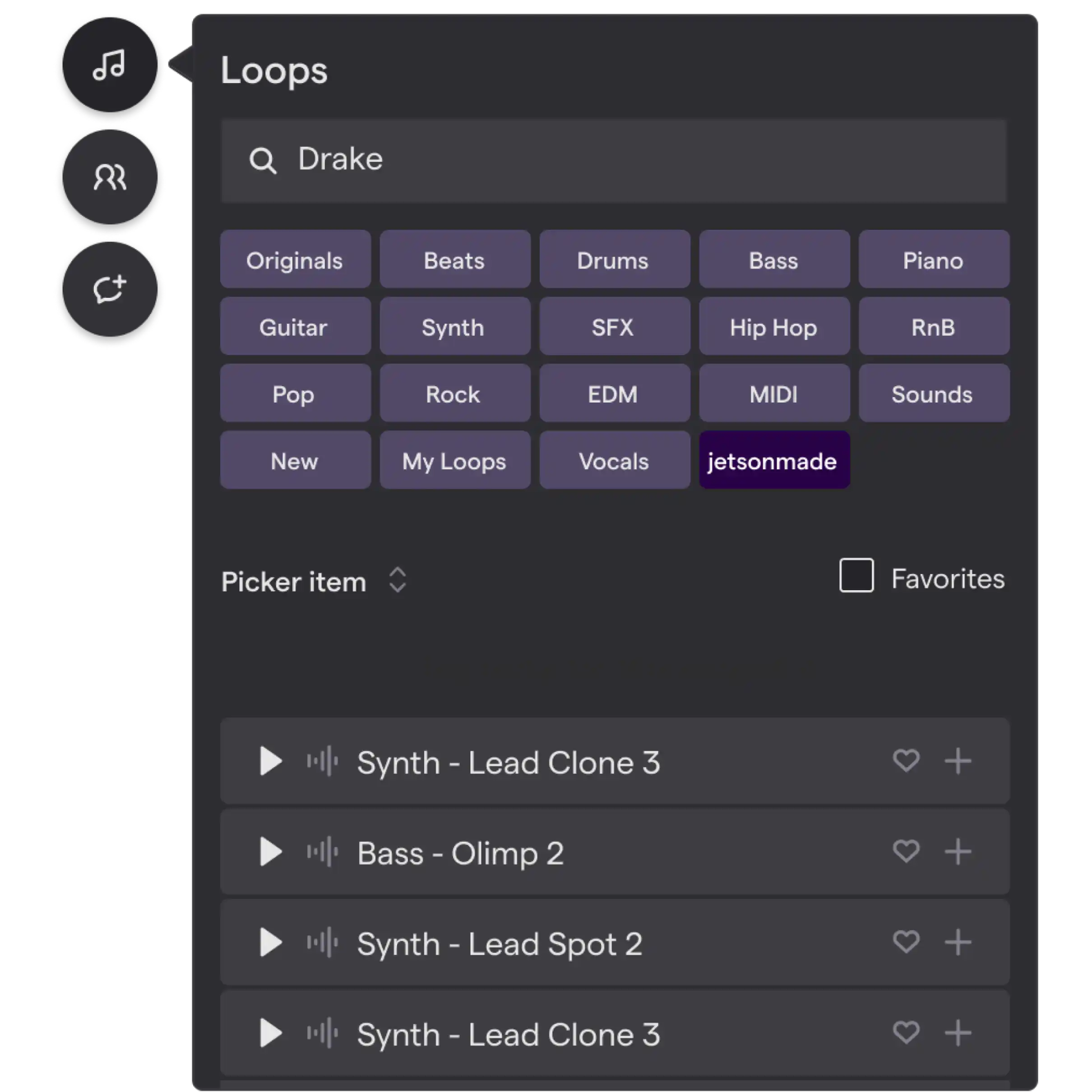 L'interfaccia utente dei loop Soundtrap che mostra loop come basso, piano, chitarra, hip hop, RnB, EDM e molti altri.