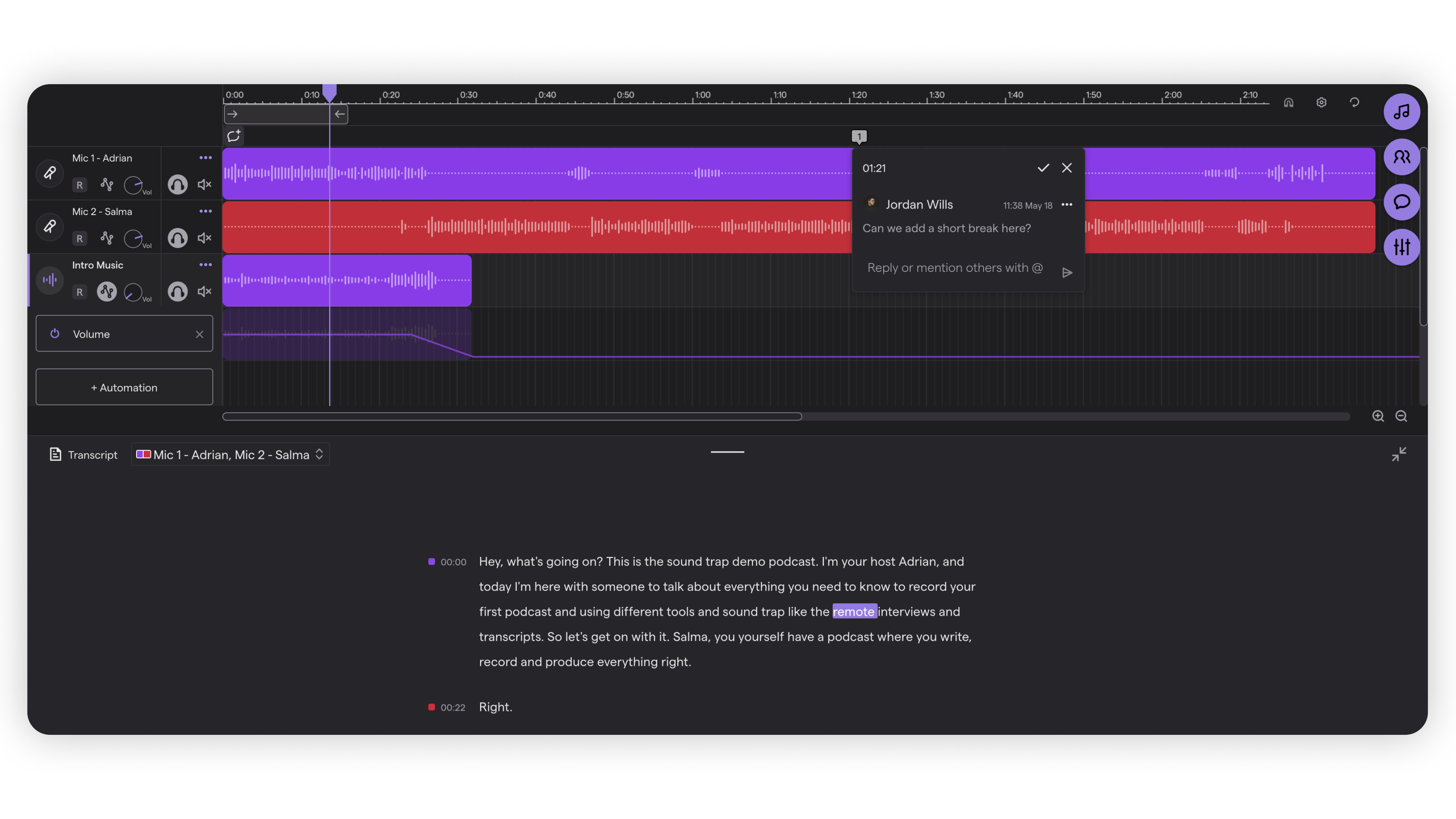 A close-up of the Soundtrap Studio in dark mode showing the transcript feature. One comment has been left on a track.