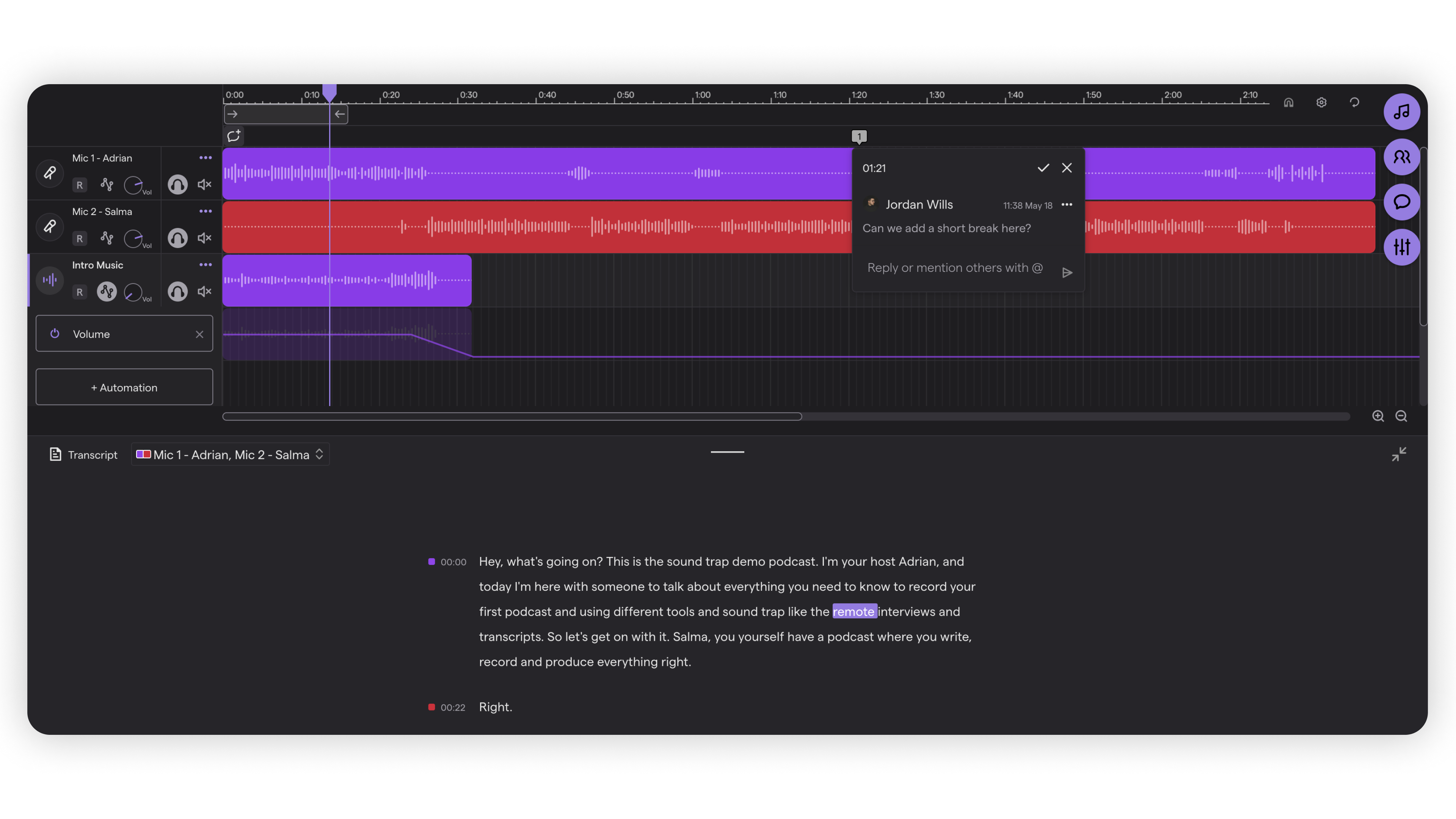 Nahaufnahme des Soundtrap Studios im dunklen Modus mit der Transkriptionsfunktion. Zu einer der Spuren wurde ein Kommentar abgegeben.